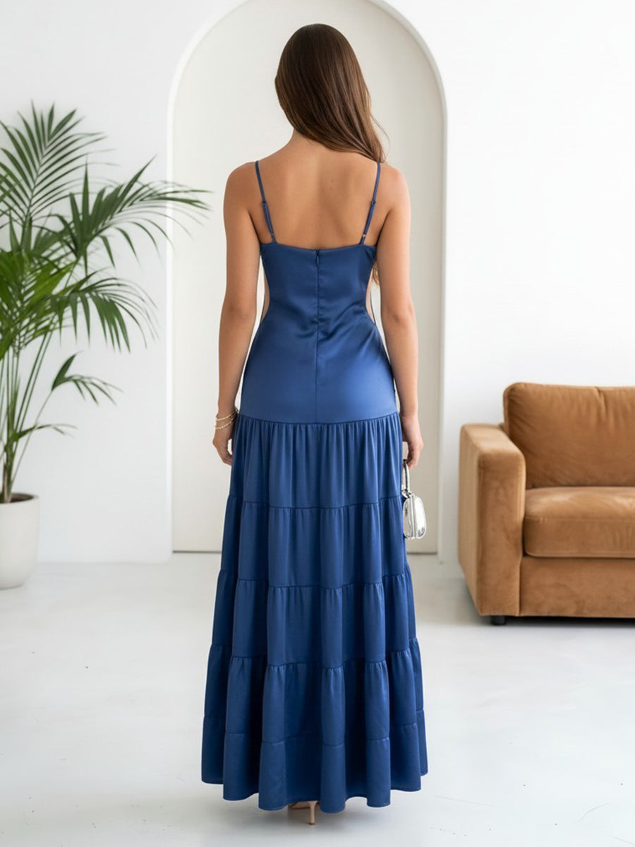 Spaghetti Straps A Line Tiered Satin Evening Dresses