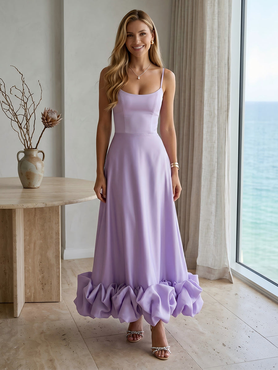 Spaghetti Straps A Line Ruched Satin Evening Dresses