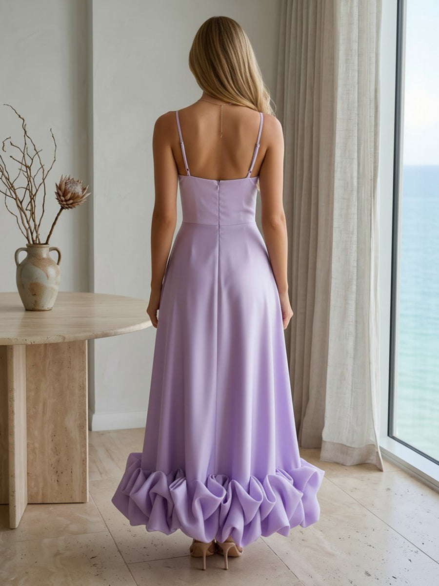 Spaghetti Straps A Line Ruched Satin Evening Dresses
