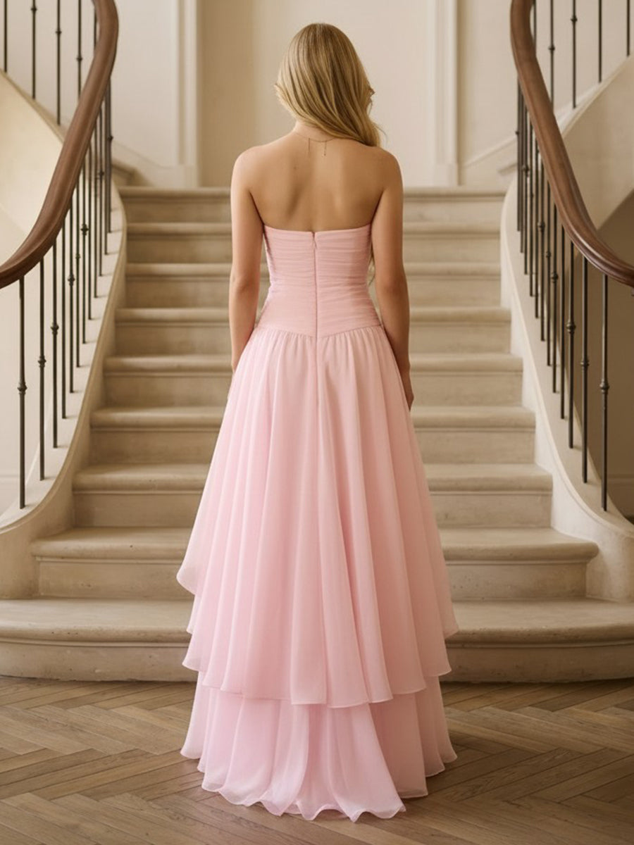 Strapless A Line Ruffles Chiffon Evening Dresses