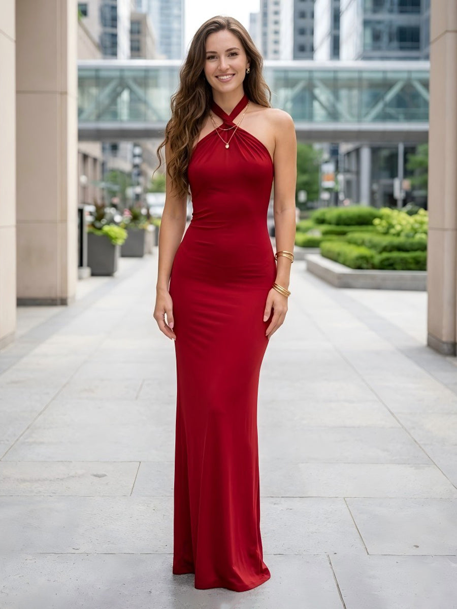 Halter Satin Sheath Mermaid Evening Dresses