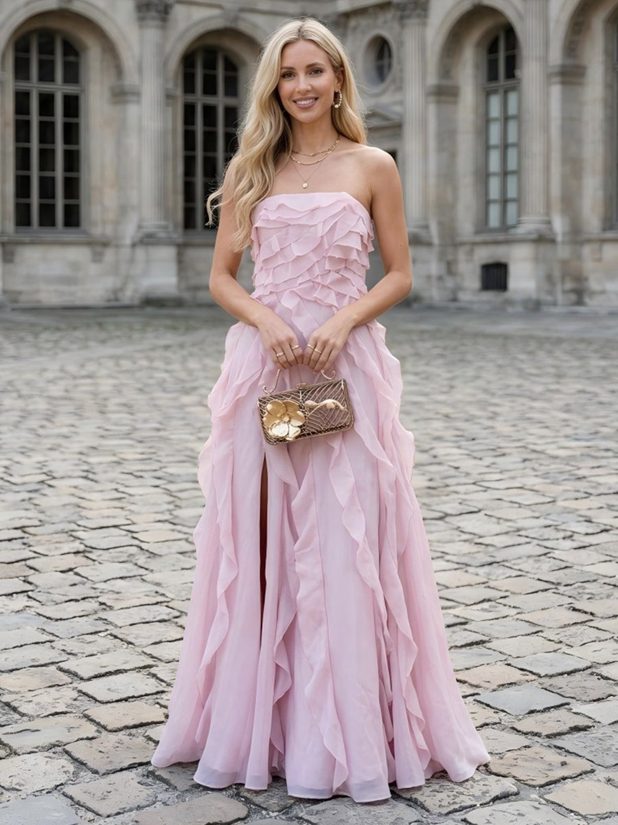 Strapless A Line Chiffon Ruffles Evening Dresses