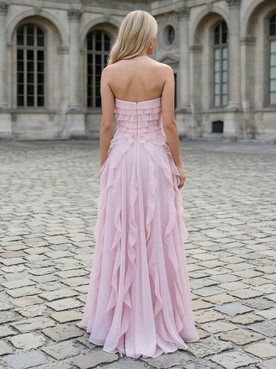 Strapless A Line Chiffon Ruffles Evening Dresses