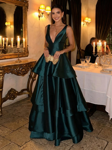 Satin A Line V Neck Tiered Long Wedding Guest Dresses