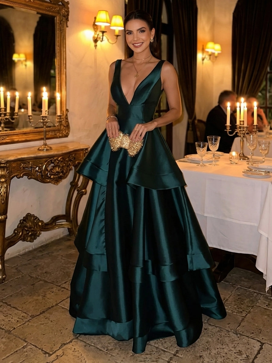 Satin A Line V Neck Tiered Long Wedding Guest Dresses