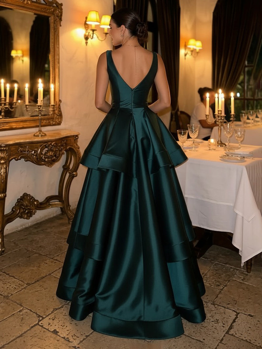Satin A Line V Neck Tiered Long Wedding Guest Dresses