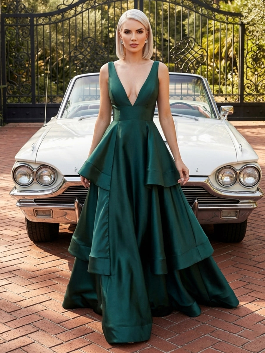Satin A Line V Neck Tiered Long Wedding Guest Dresses