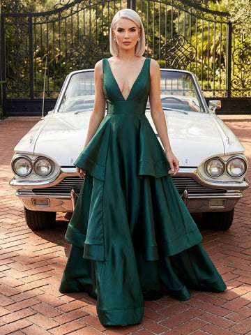 Satin A Line V Neck Tiered Long Wedding Guest Dresses