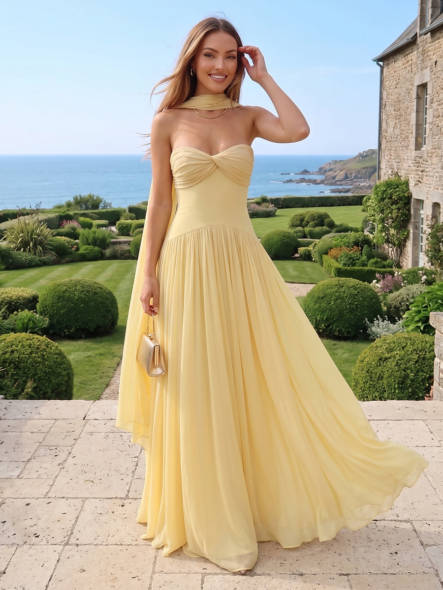 Chiffon A Line Strapless Long Wedding Guest Dresses
