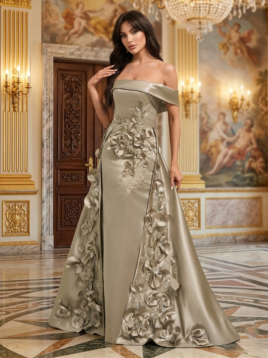 A Line Satin Off the Shoulder Long Wedding Guest Dresses