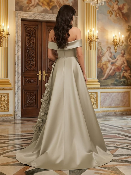 A Line Satin Off the Shoulder Long Wedding Guest Dresses