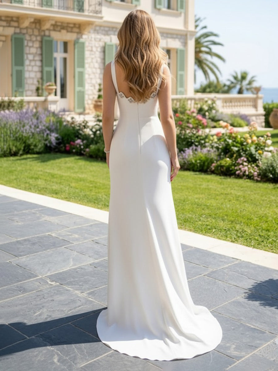 Satin Spaghetti Straps A Line Long Wedding Guest Dresses