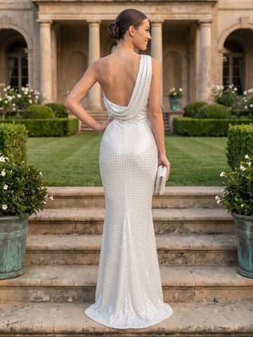 One Shoulder Sequins Sheath Long Wedding Guest Dresses