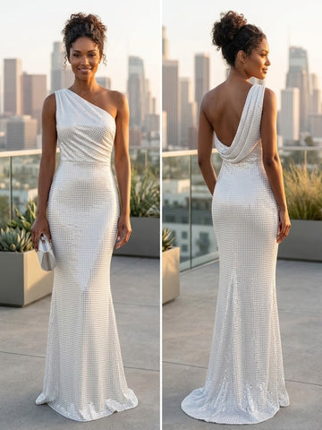 One Shoulder Sequins Sheath Long Wedding Guest Dresses