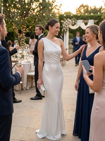 One Shoulder Sequins Sheath Long Wedding Guest Dresses