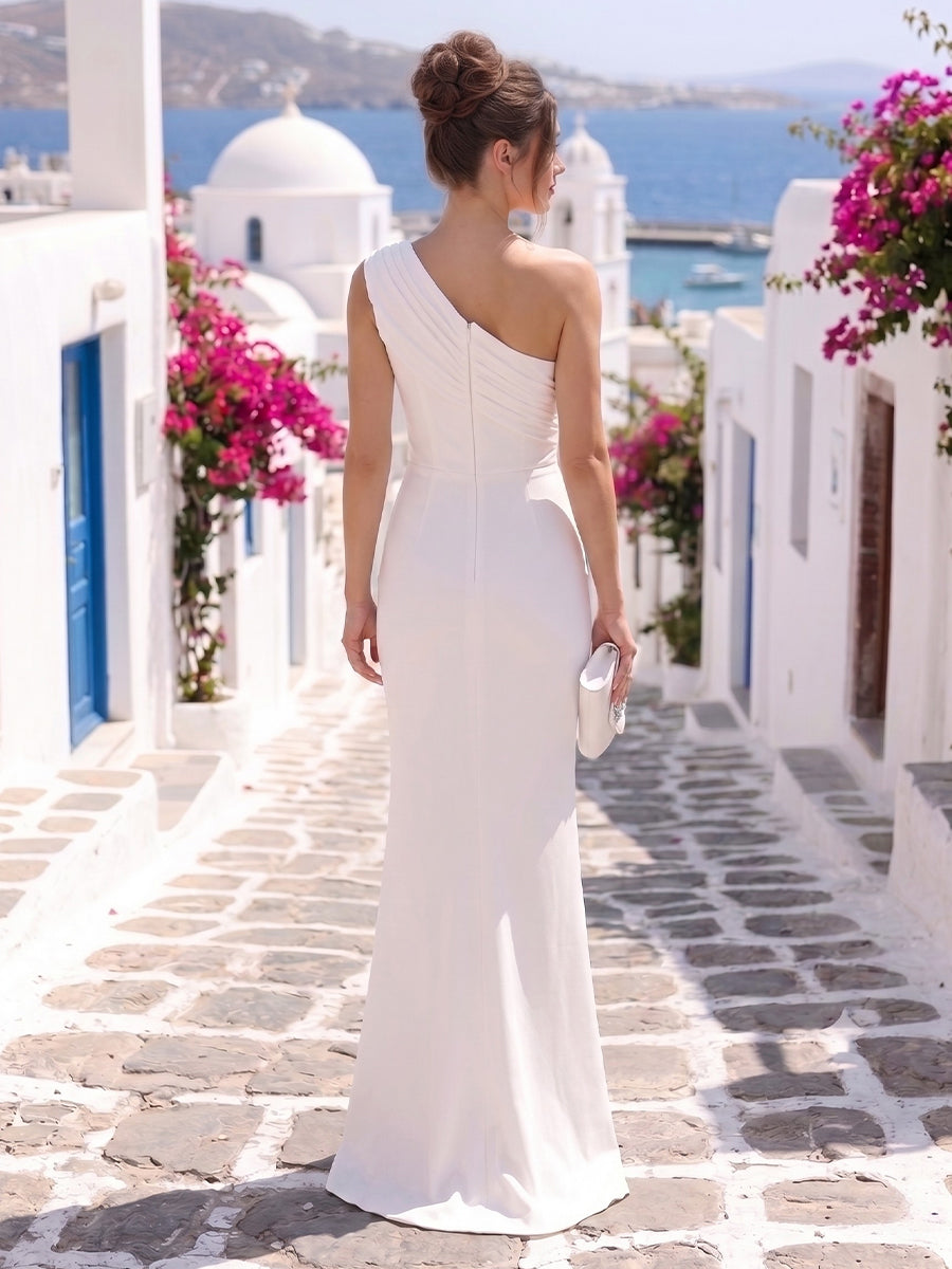 Sheath Satin One Shoulder Long Wedding Guest Dresses