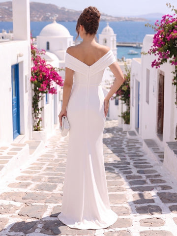 Satin Sheath Off the Shoulder Long Wedding Guest Dresses